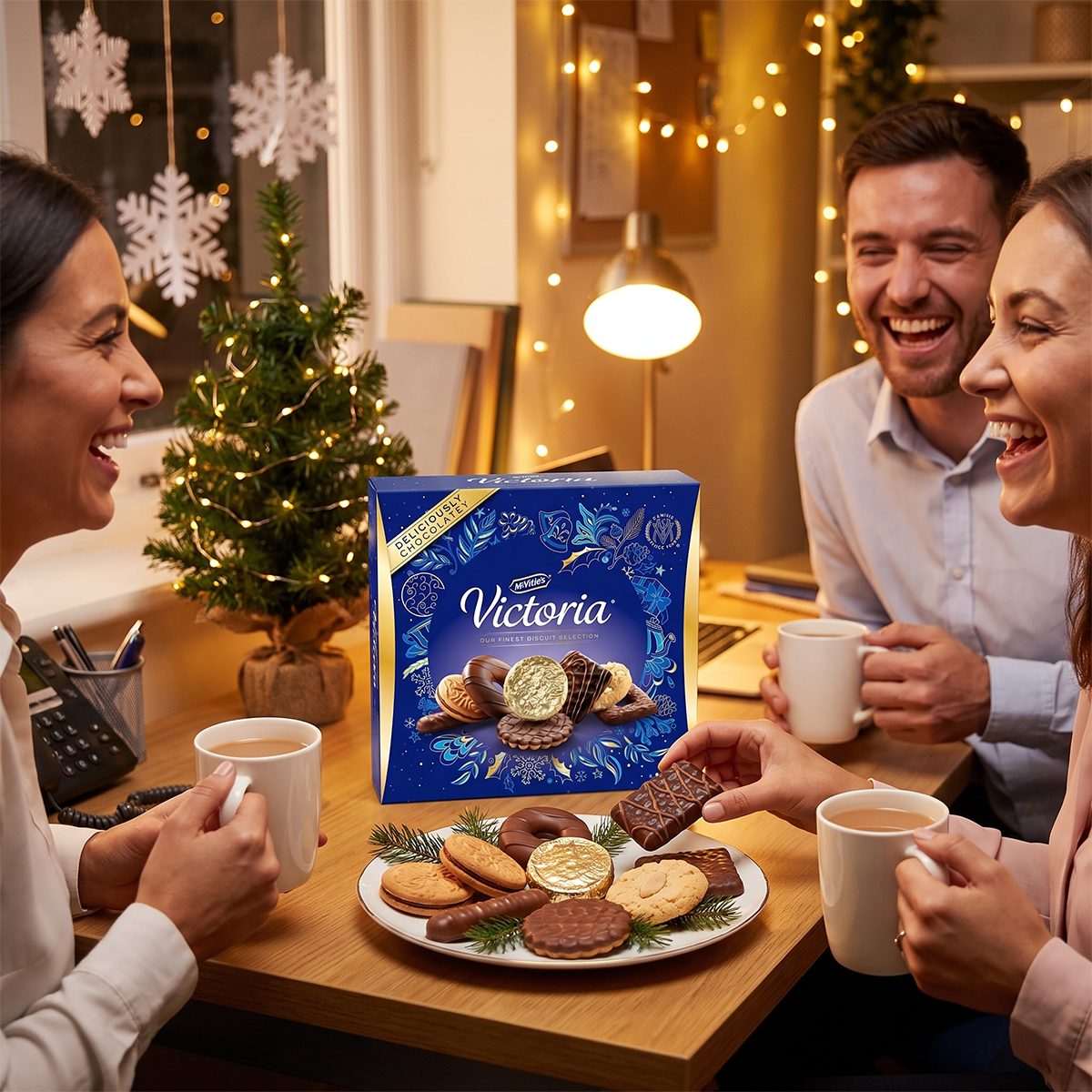 Three people at a table with a Victoria biscuit box, plate of biscuits, mugs, and a small Christmas tree with snowflake decorations