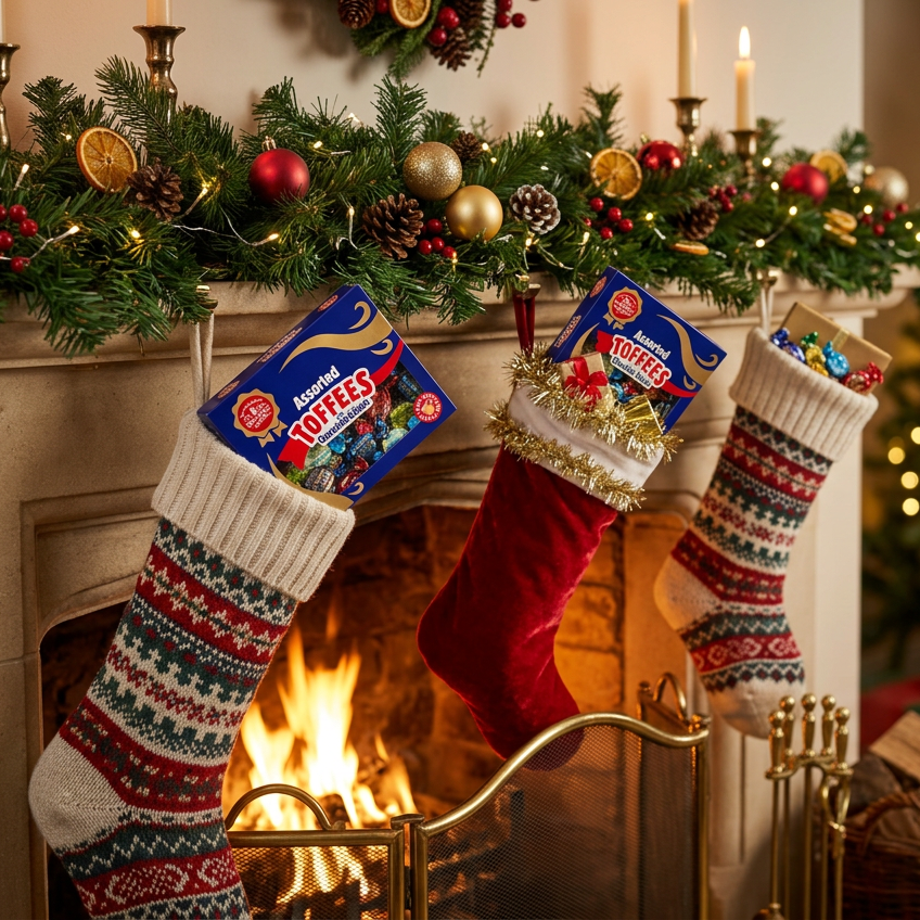 Box of toffee in a Christmas stocking