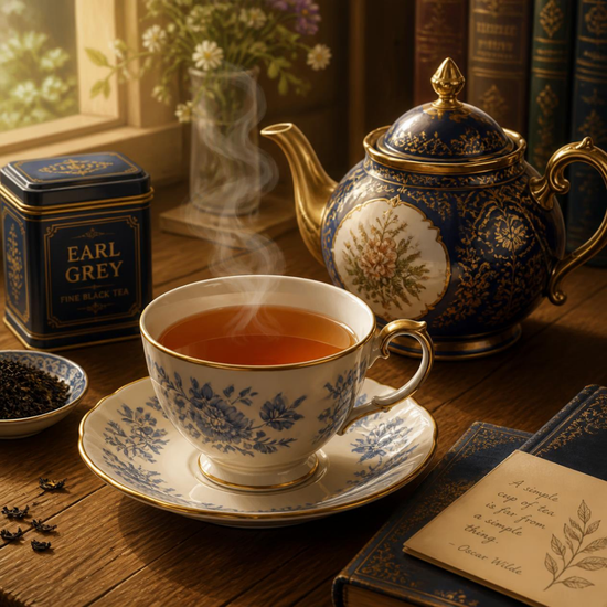 A styled tea scene featuring Earl Grey tea on a wooden table with a blue-and-white floral teacup and saucer, a matching blue-and-gold teapot, an Earl Grey tea tin, loose tea leaves, and books in the background.
