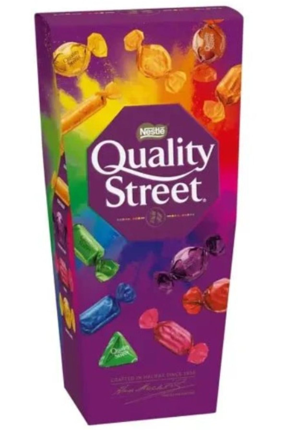 Purple box of Quality Street chocolates with colorful candy images on a white background