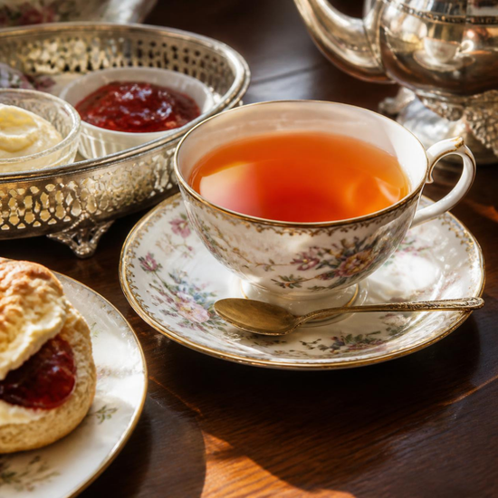 A floral teacup filled with Margaret's Hope Darjeeling tea sits on a matching saucer on a wooden table, with a scone and jam, butter, and a silver teapot nearby.