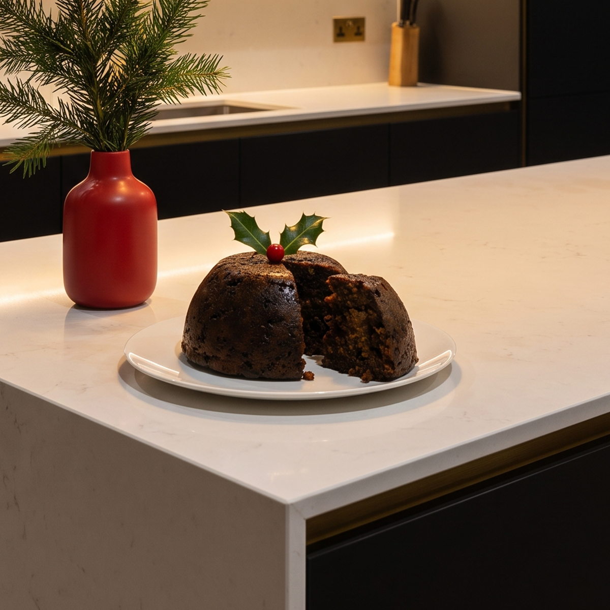 Christmas pudding on a cake stand in a kitchen with a red vase and pine