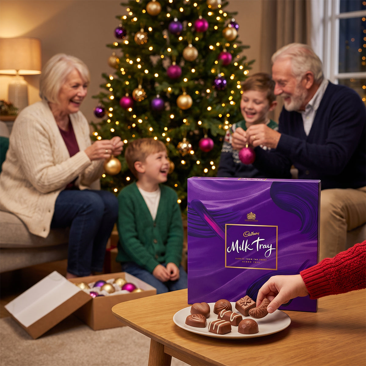 Family by a Christmas tree, child holding a Milk Tray box, plate of chocolates on a table