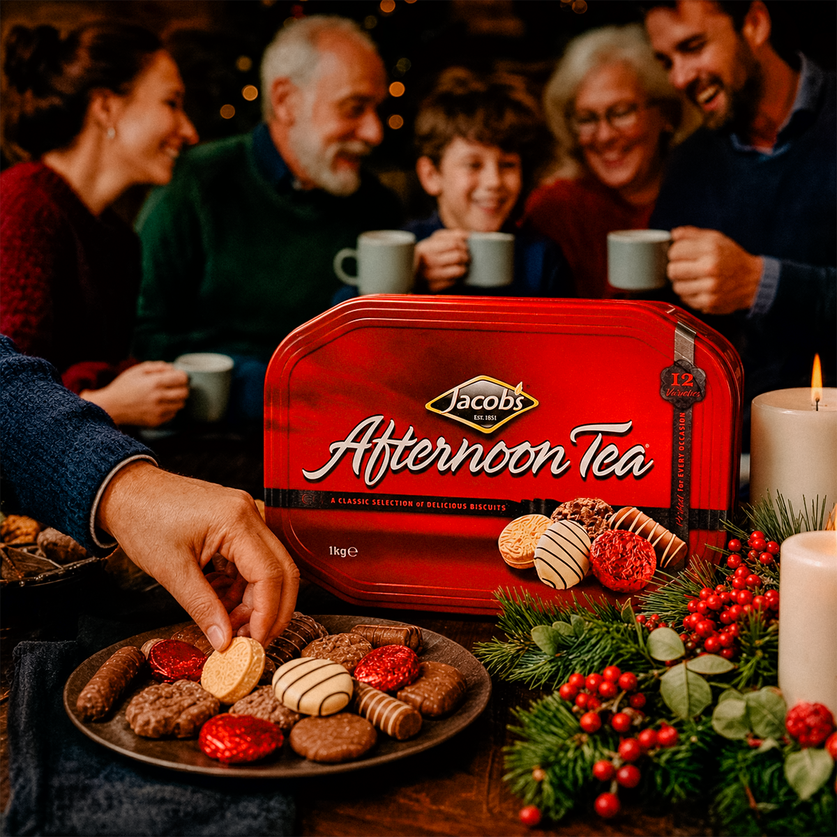 Group of people sharing cookies and tea around a table with a red cookie tin