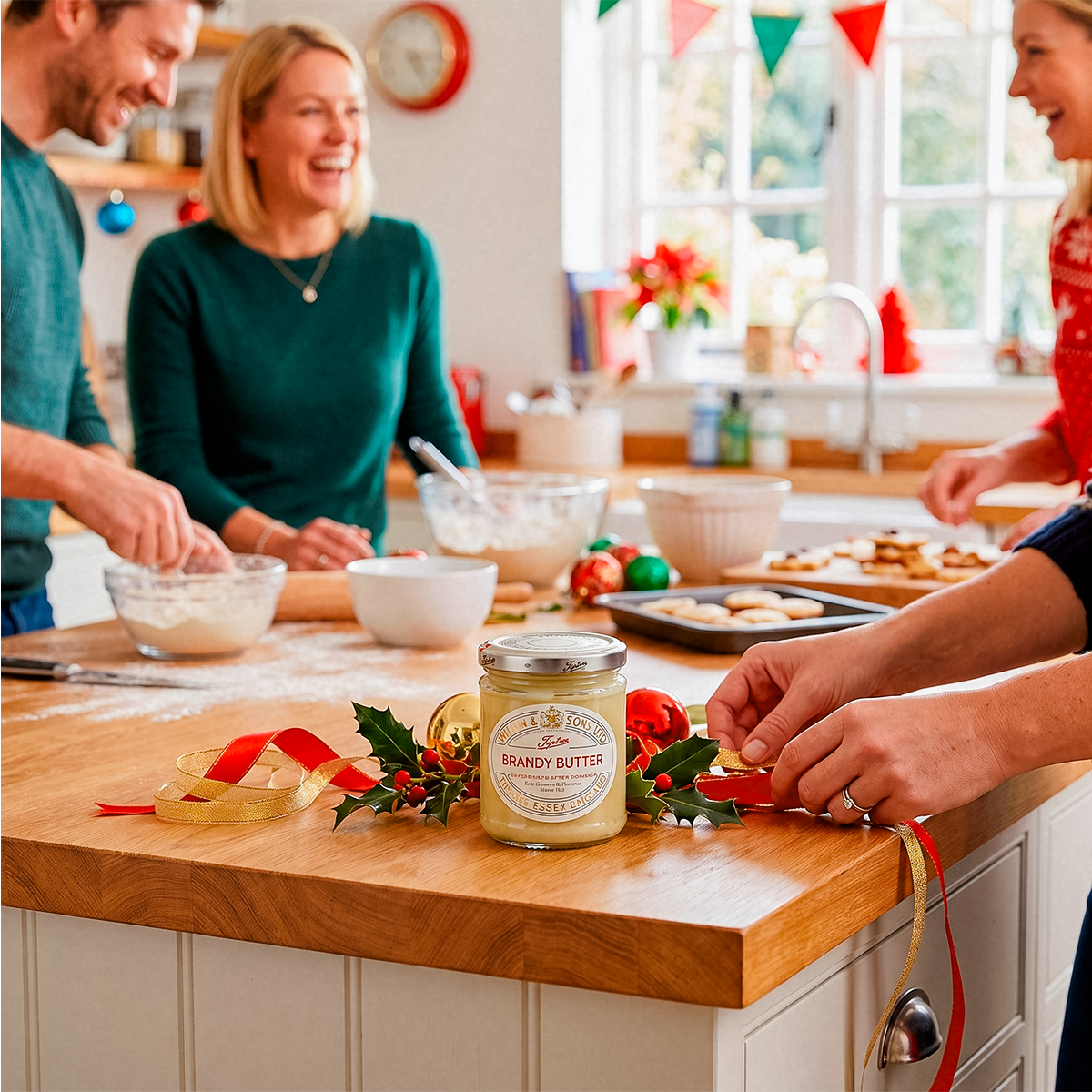 Group gathered around a table with a jar and food.