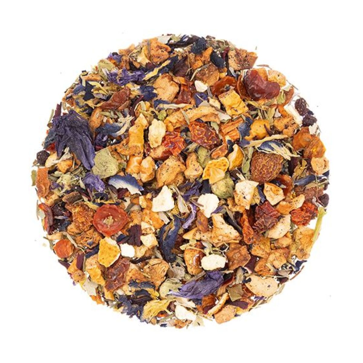 An circle of herbal tisane tea leaves with dried fruit pieces of various colors.