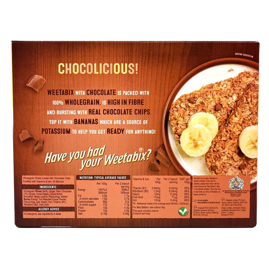 Box of Weetabix with Chocolate on a white background. Back of box features product image and nutritional information.