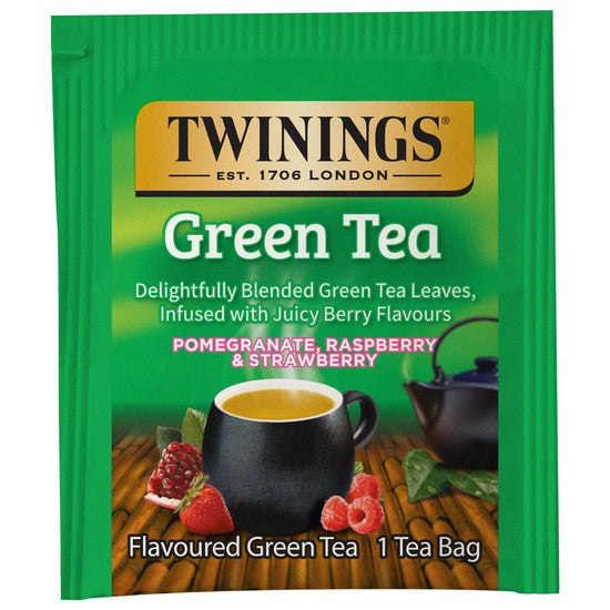 Twinings Green Tea box with pomegranate, raspberry, and strawberry flavors on a white background