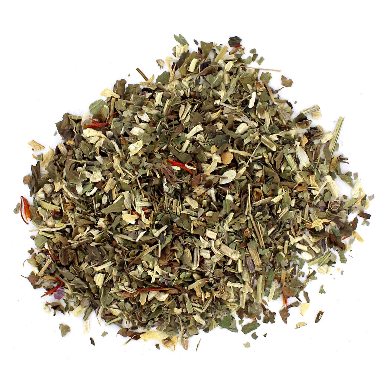 A pile of dried loose leaf tea with visible pieces of cranberry and herbs.