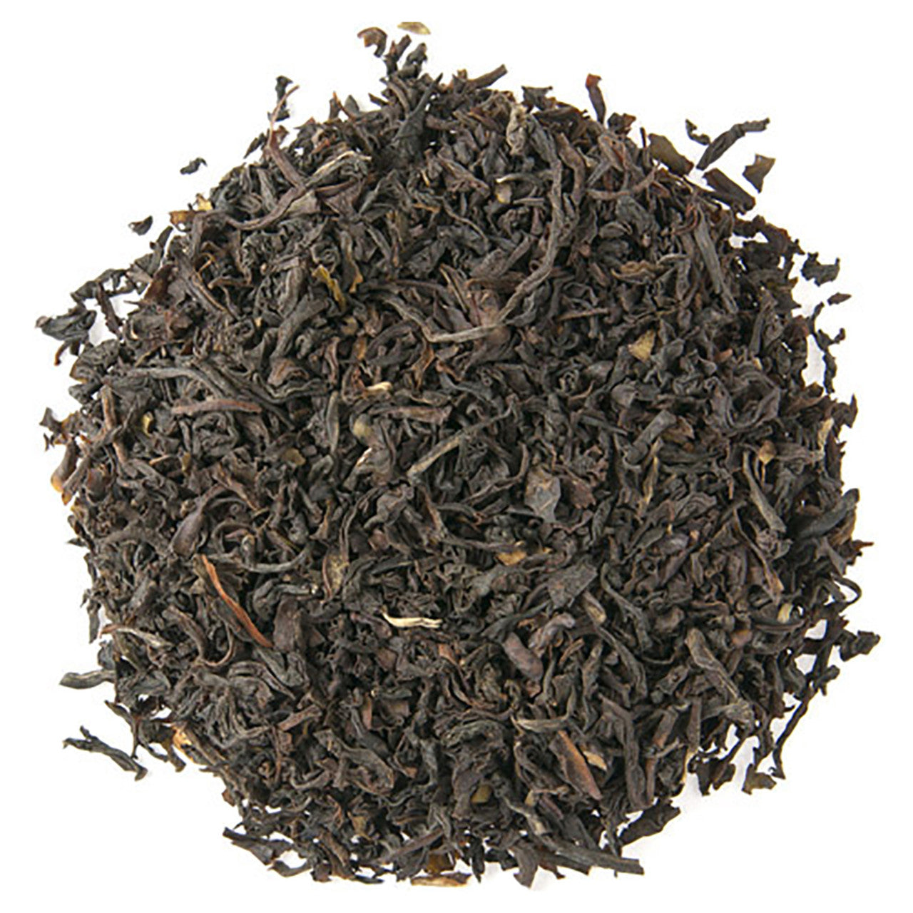 Dry English Breakfast black tea leaves on a white background