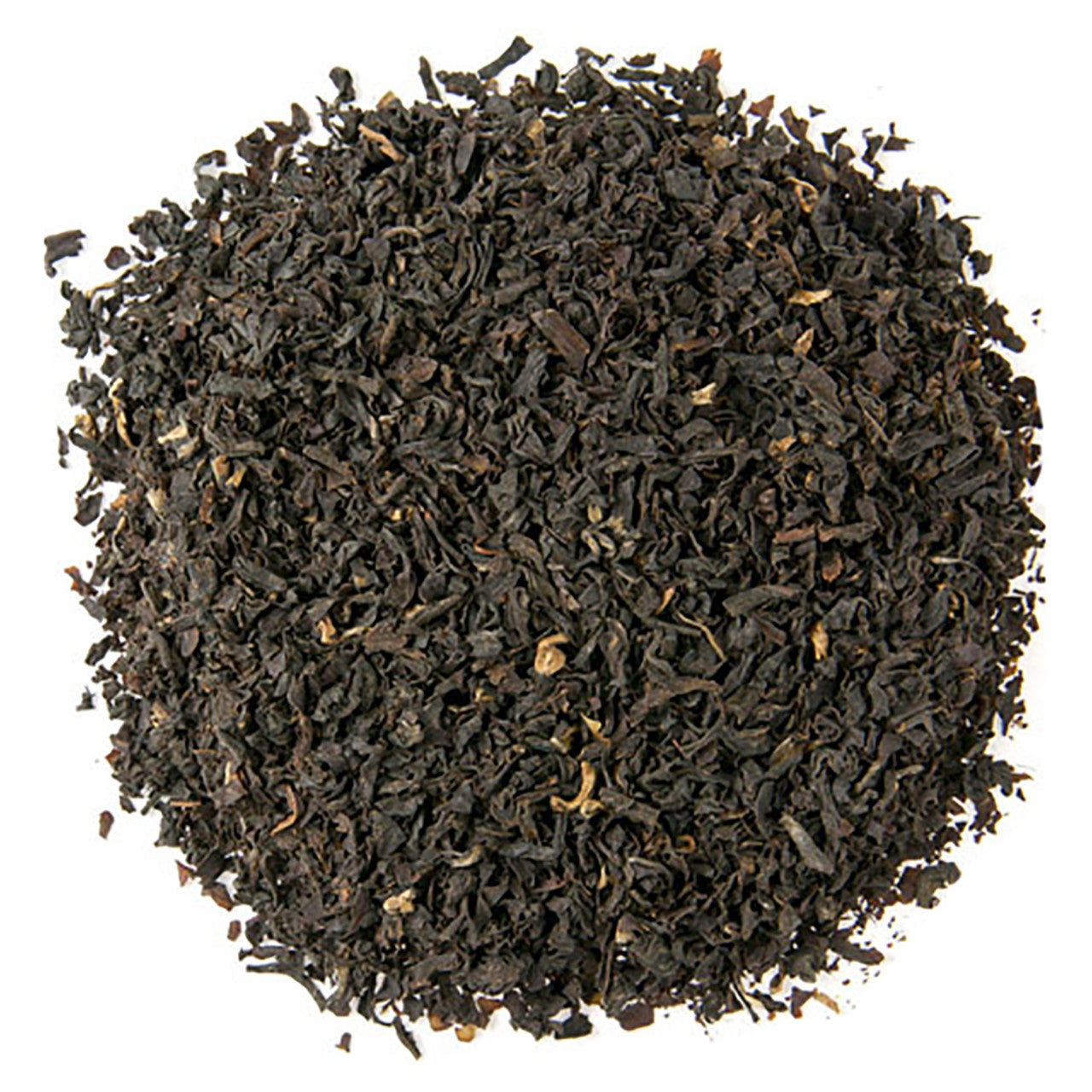 Close-up of dark brown dried tea leaves on a white background