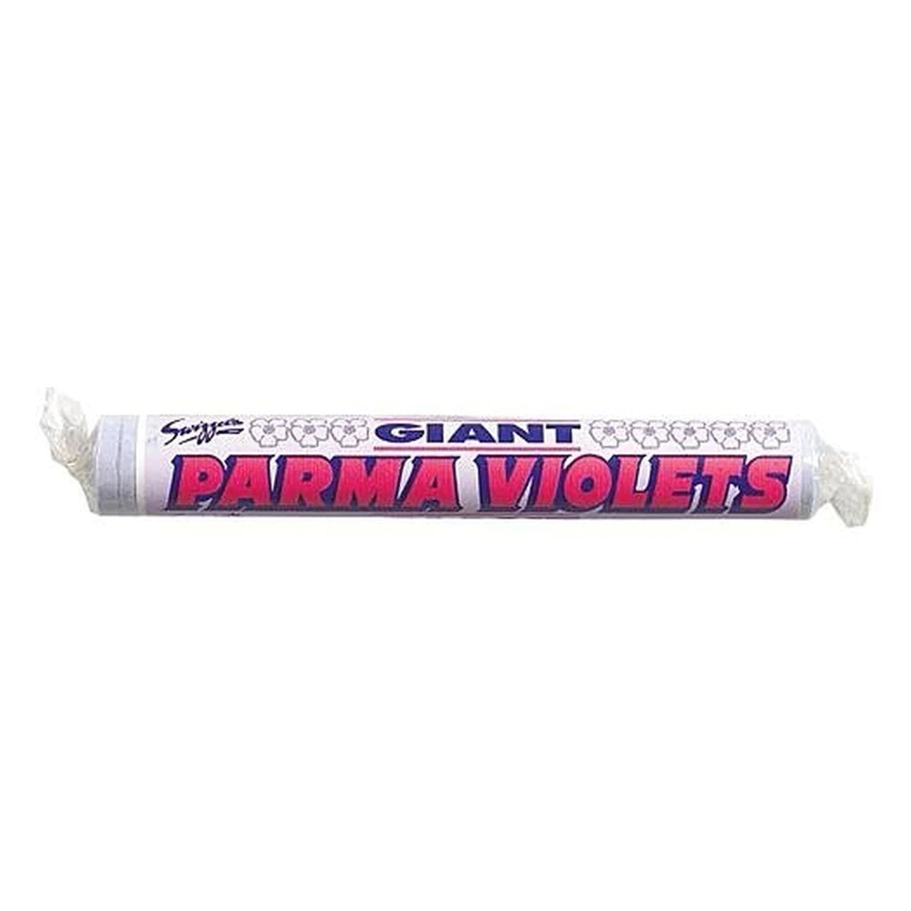 Roll of giant Parma Violets candy on a white background