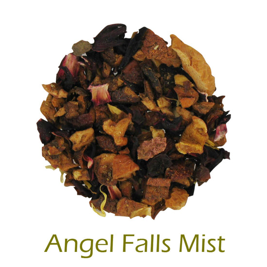 Angel Falls Mist Herbal Blend loose-leaf tea on a white background with product title text callout at bottom