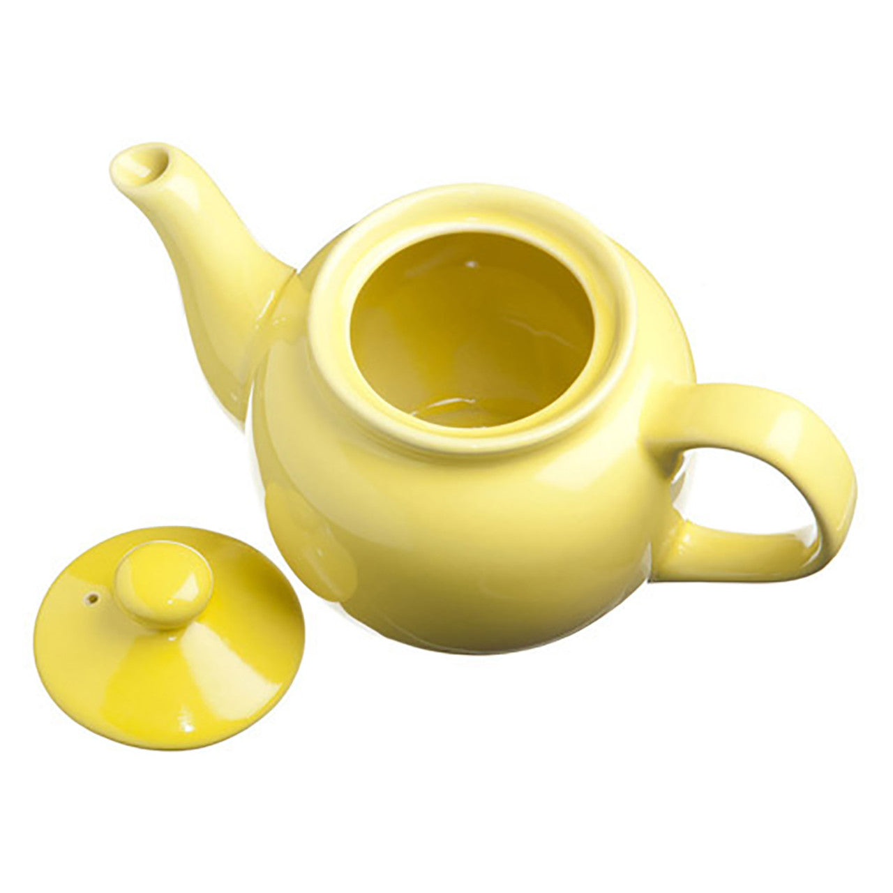 Yellow ceramic teapot with lid on a white background