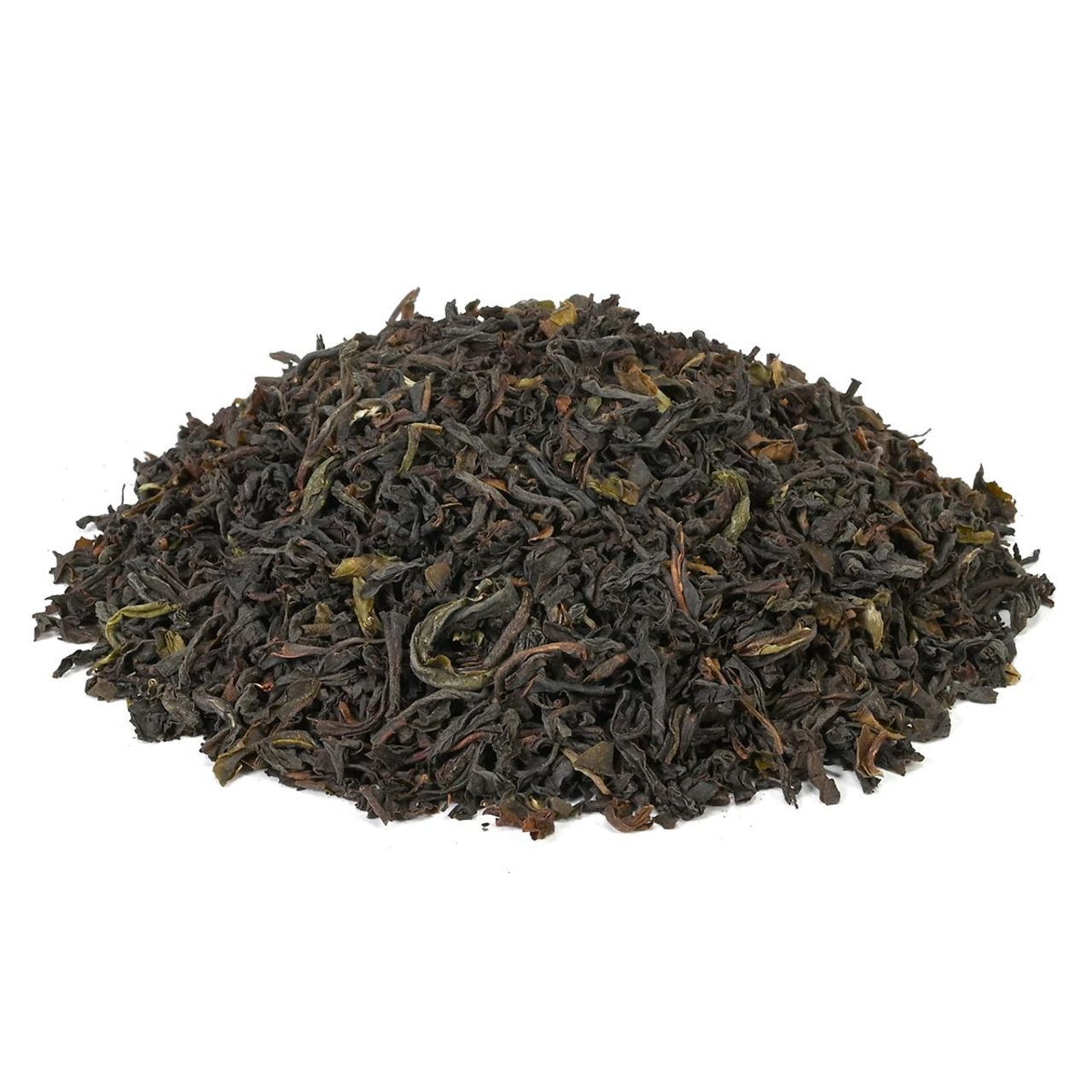 Heap of loose-leaf black tea on a white background