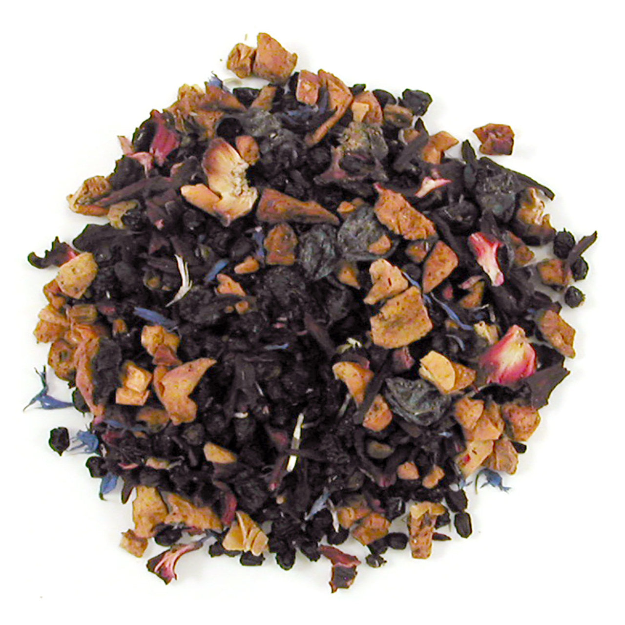 A mixture of dried blueberries, hibiscus, apple pieces, and other herbal components, indicative of the Bingo Blueberry Herbal Tea blend.