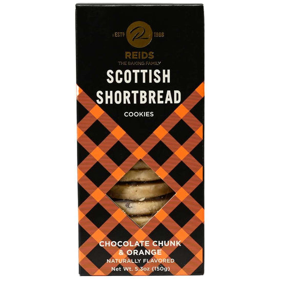A carton of Reids of Caithness Scottish Shortbread cookies with Chocolate Chunk & Orange flavor.