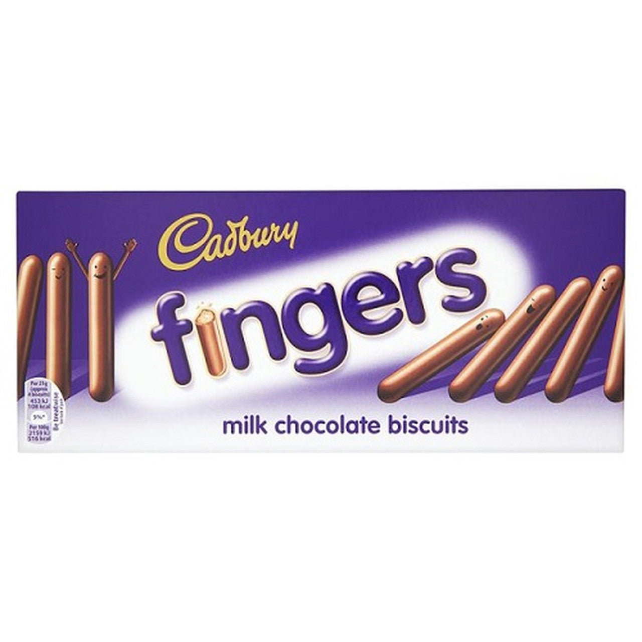 Cadbury Fingers milk chocolate biscuits packaging on a white background