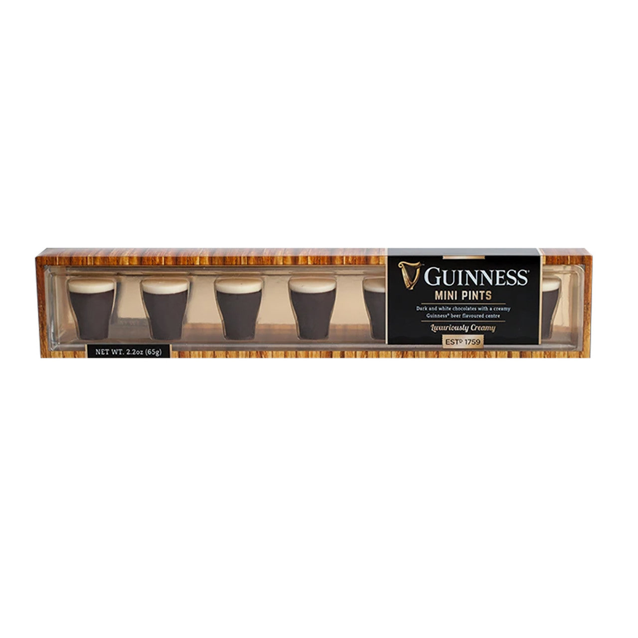 Box of Guinness mini pints with chocolate cups on a white background
