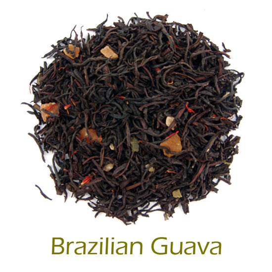 Brazilian Guava loose-leaf tea on a white background with product name caption