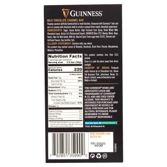 Guinness caramel chocolate bar packaging with nutrition facts all on a white background