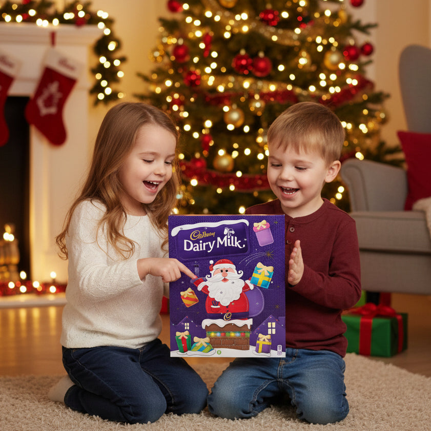 Cadbury Dairy Milk chocolate advent calendar with Santa Claus design on a purple background and children looking at it in front of tree.