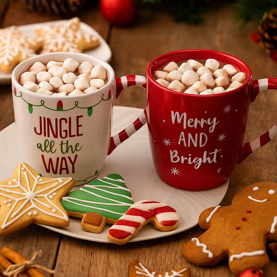 Two mugs with hot chocolate and marshmallows, surrounded by Christmas cookies on a wooden table.