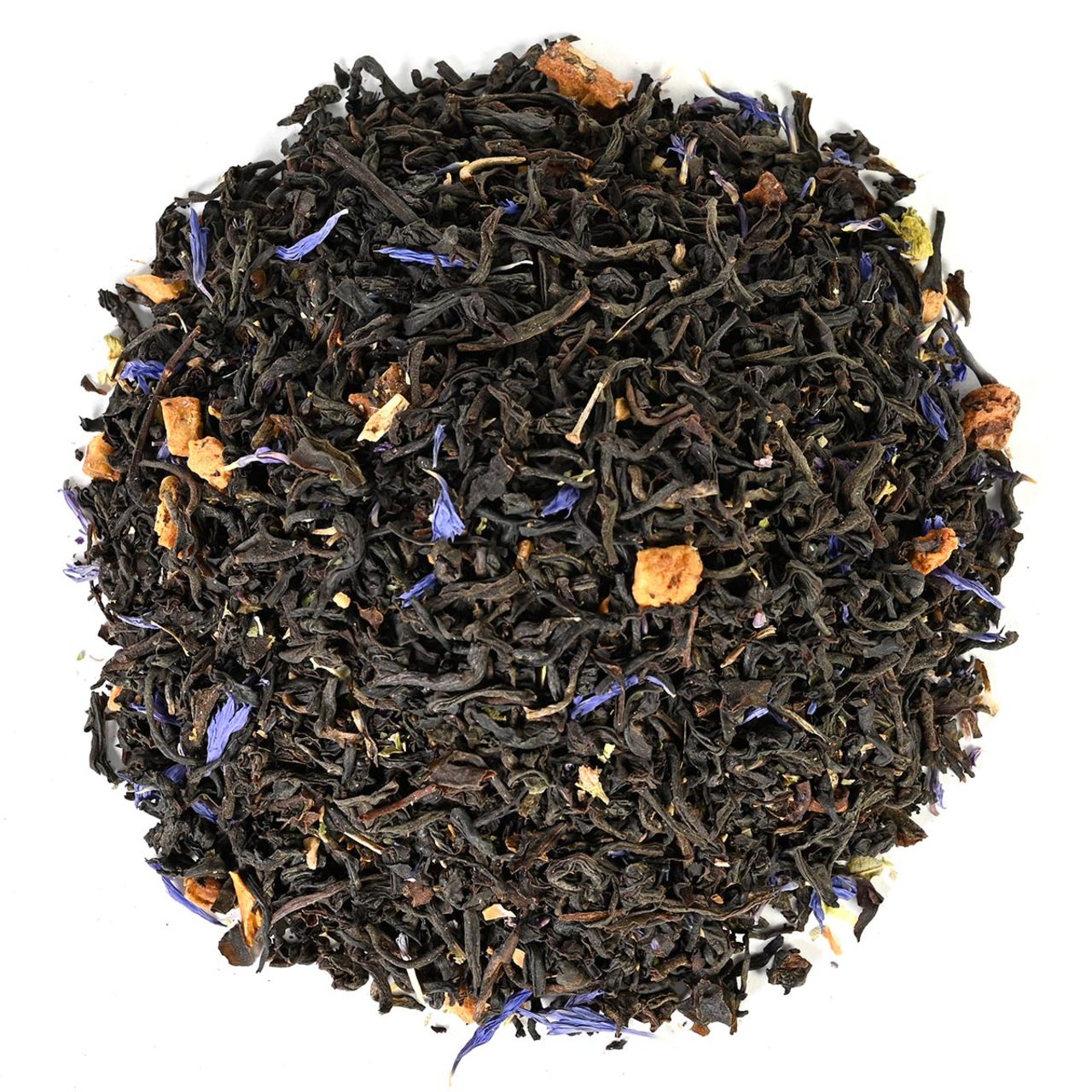 Tea leaves with visible herbs and flowers on a white background