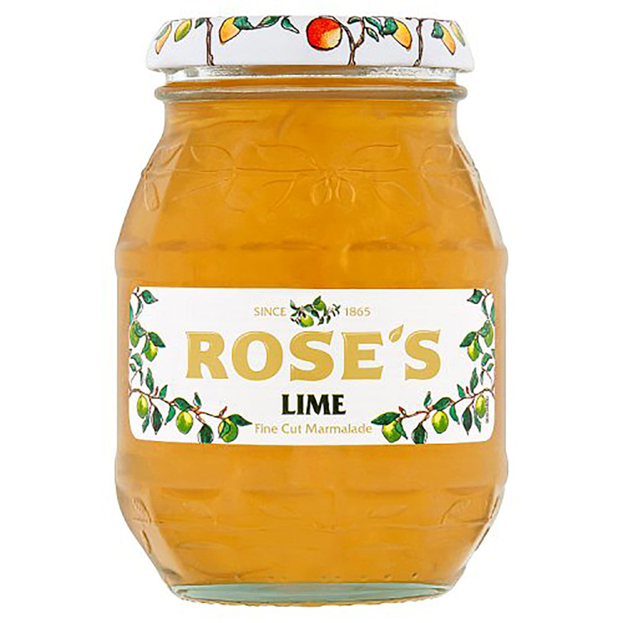 Jar of Rose's Lime Marmalade with decorative lid on a white background