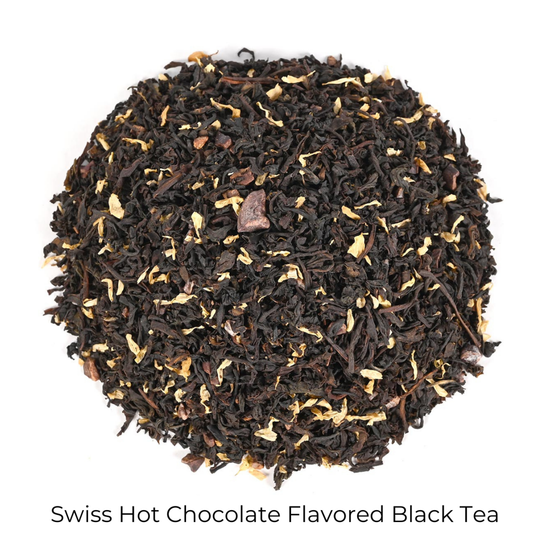 Swiss Hot Chocolate Flavored Black loose-leaf tea on a white background with product name caption