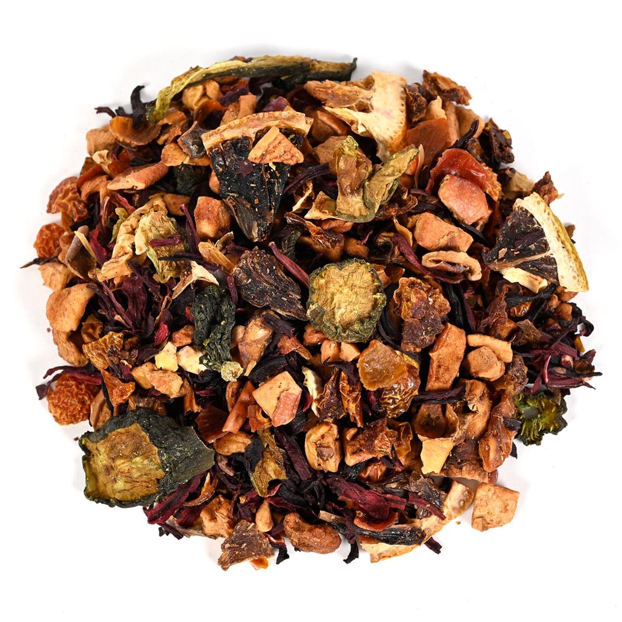 Assorted dried tea leaves, fruit pieces, and spices on a white background