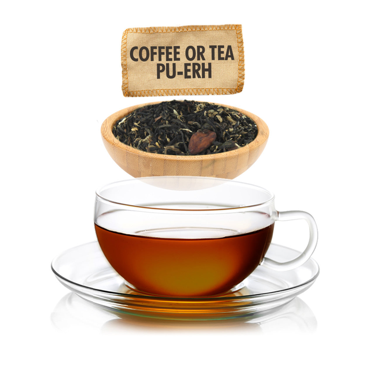 Clear glass cup of tea with a wooden bowl of tea leaves and a sign above on a white background