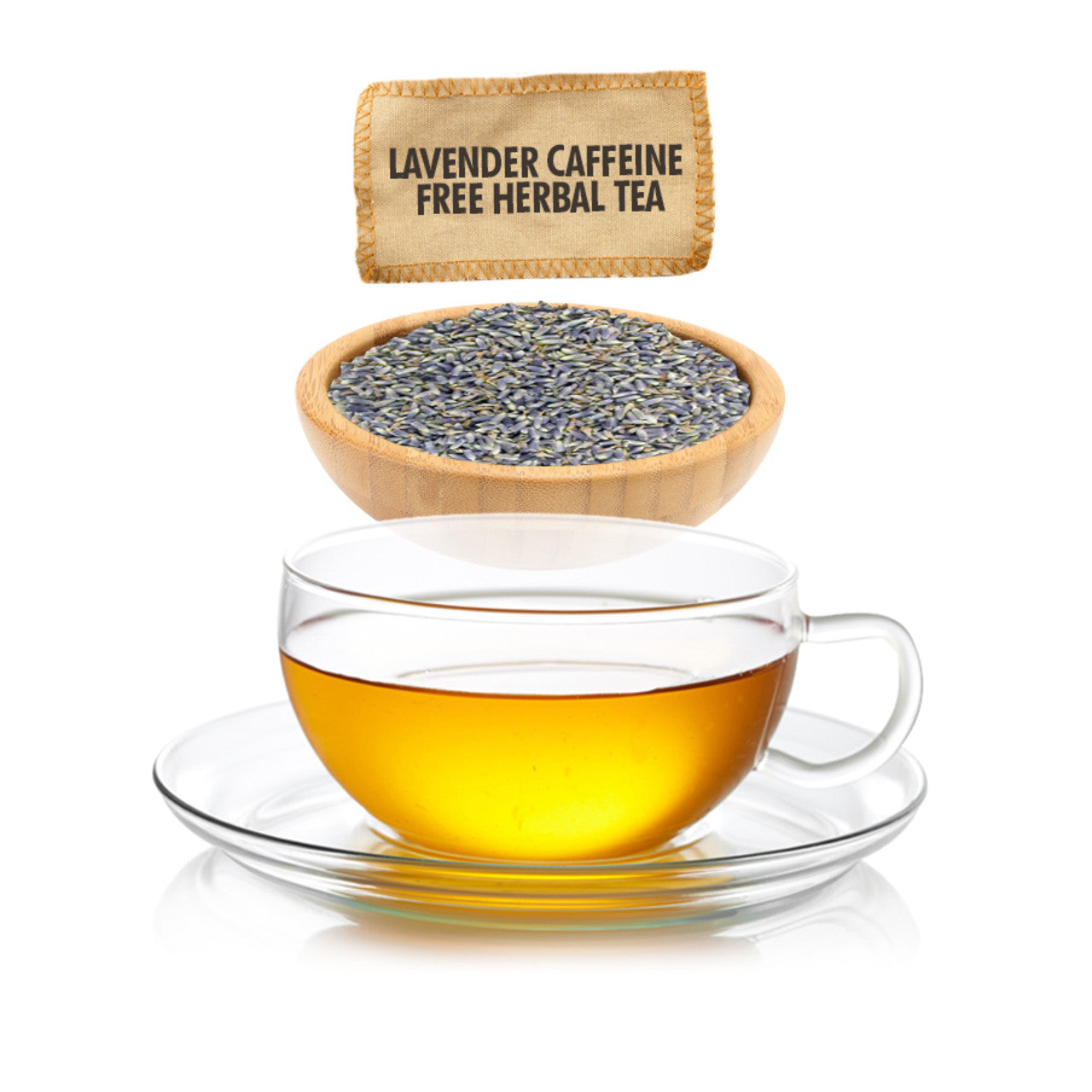 Glass cup of herbal tea with a bowl of lavender and a packet labeled 'Lavender Caffeine Free Herbal Tea' on a white background.