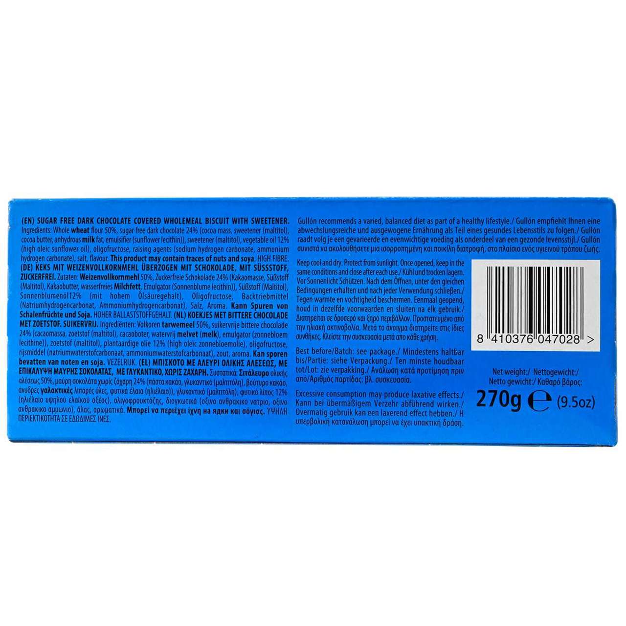 Ingredients list on a blue box of Sugar Free Dark Chocolate covered Wholemeal Biscuit with Sweetener