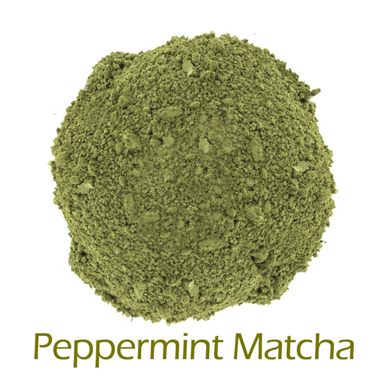 Peppermint Matcha powder on a white background with product name caption