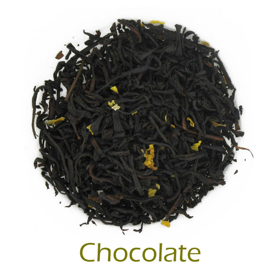 Chocolate loose-leaf tea on a white background with product title text callout at bottom