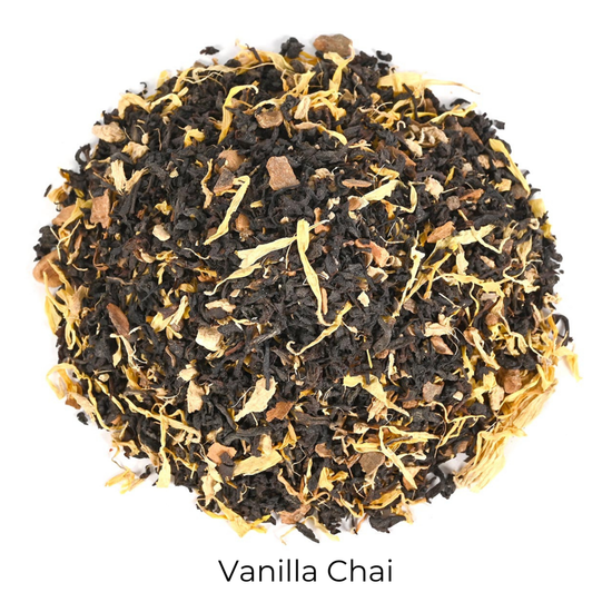 Vanilla Chai loose-leaf tea in a circular pattern on a white background with product name callout at the bottom