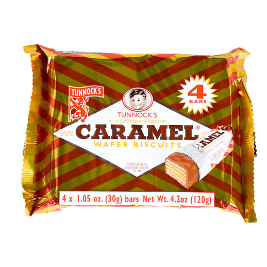Pack of Tunnock's Caramel Wafers on a white background