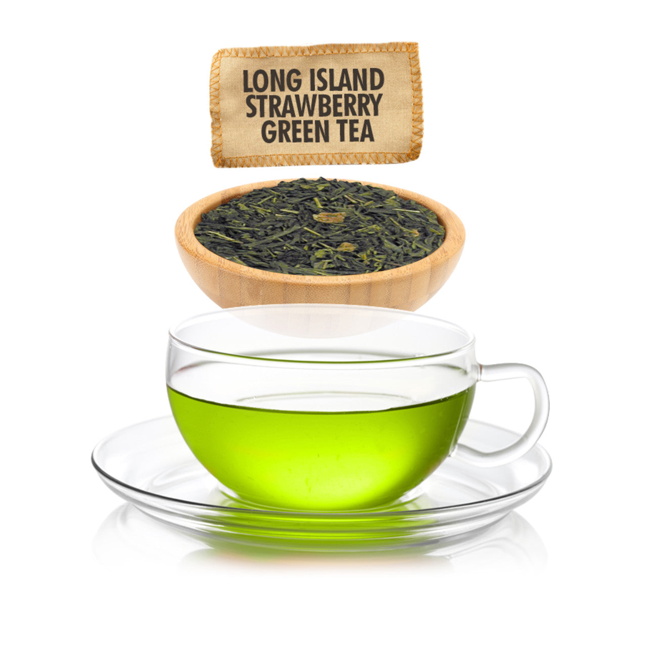 Glass cup of green tea with a wooden bowl of tea leaves and a label above on a white background