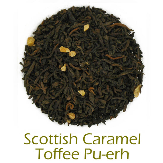 Scottish Caramel Toffee Pu-erh loose-leaf tea in a circular pattern on a white background with product name callout at the bottom