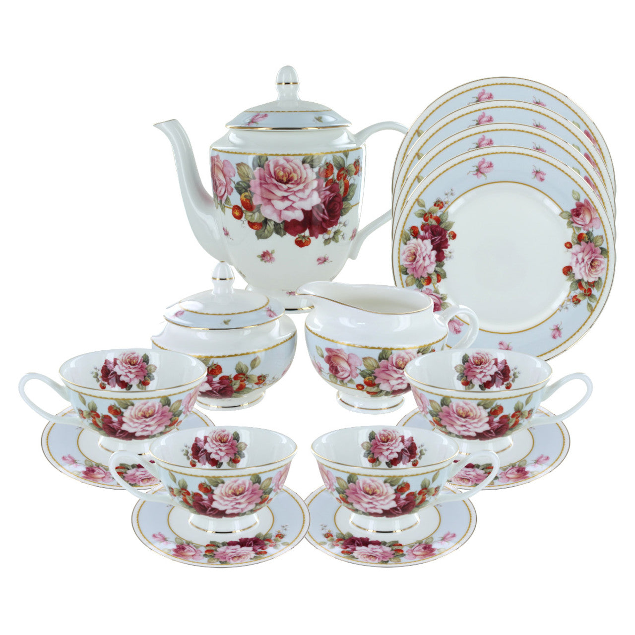 Peony and Strawberry Blue Bone China Tea Set – English Tea Store