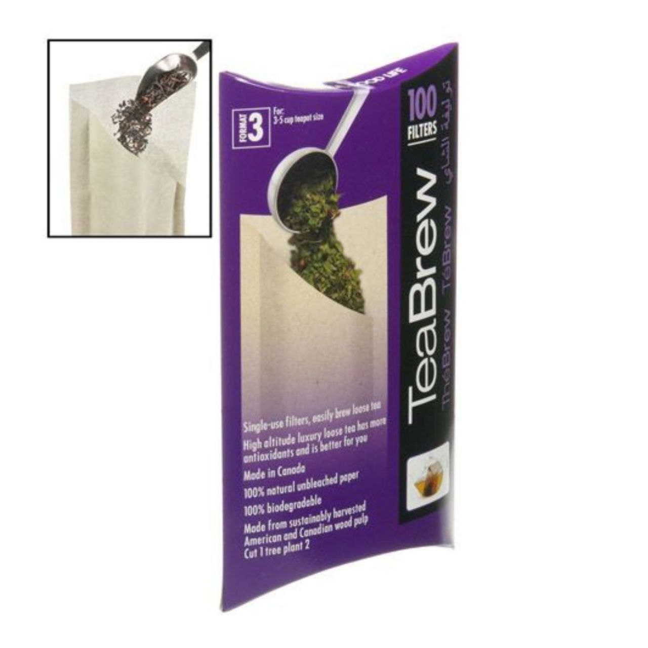 TeaBrew filter package with a close-up inset showing tea leaves.