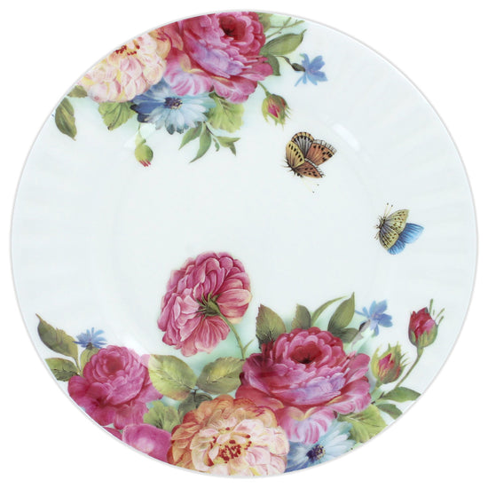 Decorative plate with floral design and butterflies on a white background