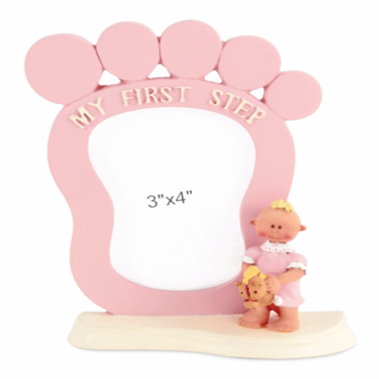 Pink picture frame shaped like a baby's foot with white text for My First Step and the inside panel showing 3" x 4" and a little baby girl figurine
