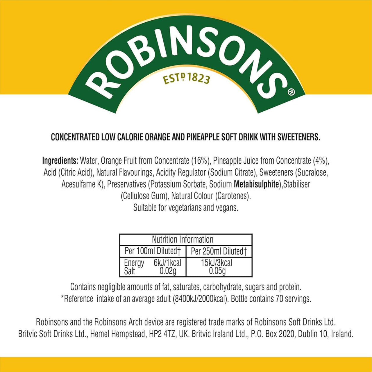 Robinsons - Double Strength No Sugar Added Orange & Pineapple Fruit Squash - 59.17 fl. oz (1.75L)