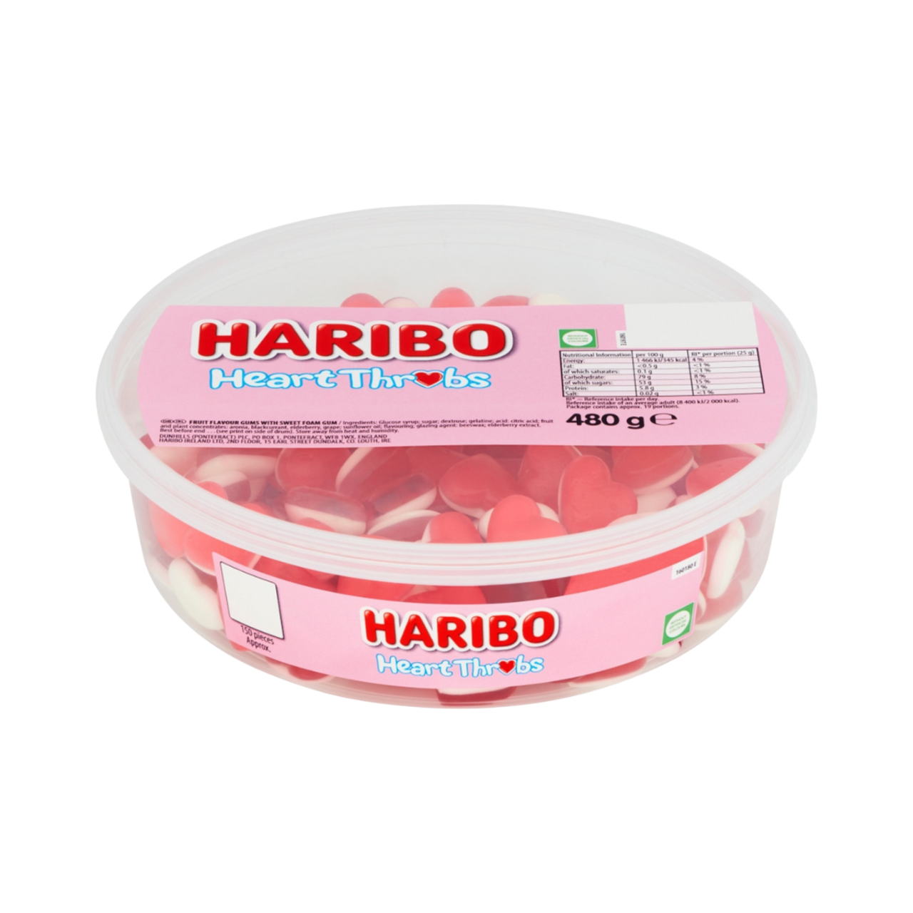 Haribo Heart Throbs candy container on a white background