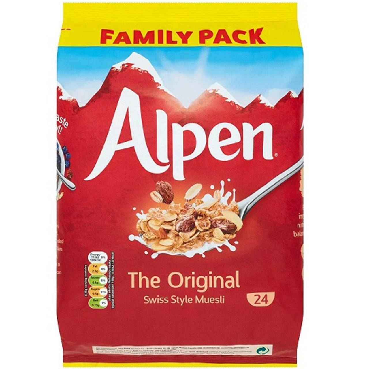 Alpen cereal family pack with red and yellow design