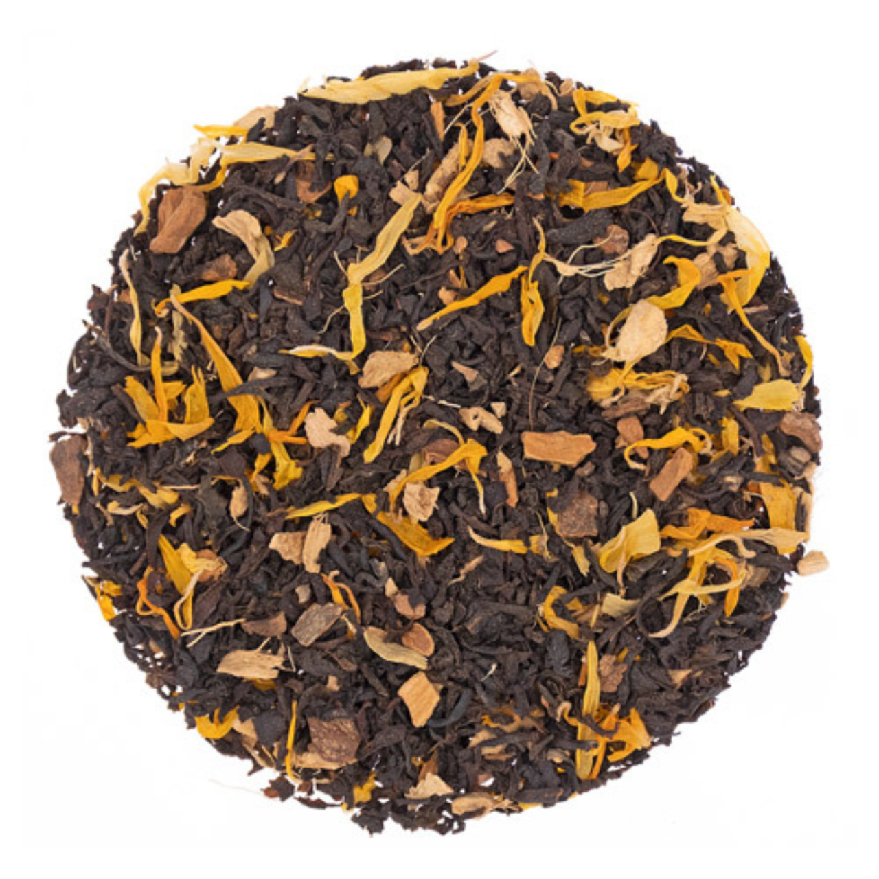 Tea ball with black tea leaves and orange peel on a white background