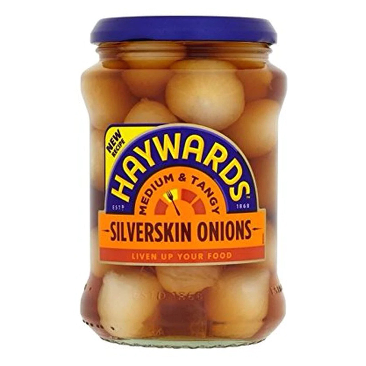Jar of Haywards Silverskin Onions on a white background