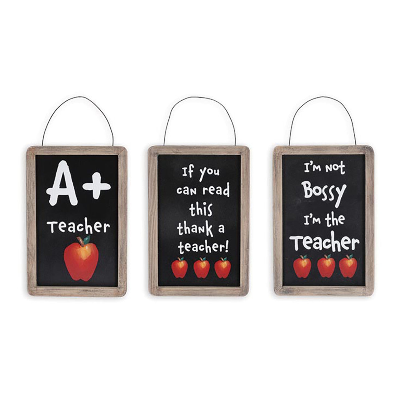 Three small chalkboard signs with humorous teacher-themed messages and red apples on a white background.